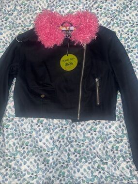 Dolls Kill Black Cropped Jacket with Pink Faux Fur Collar